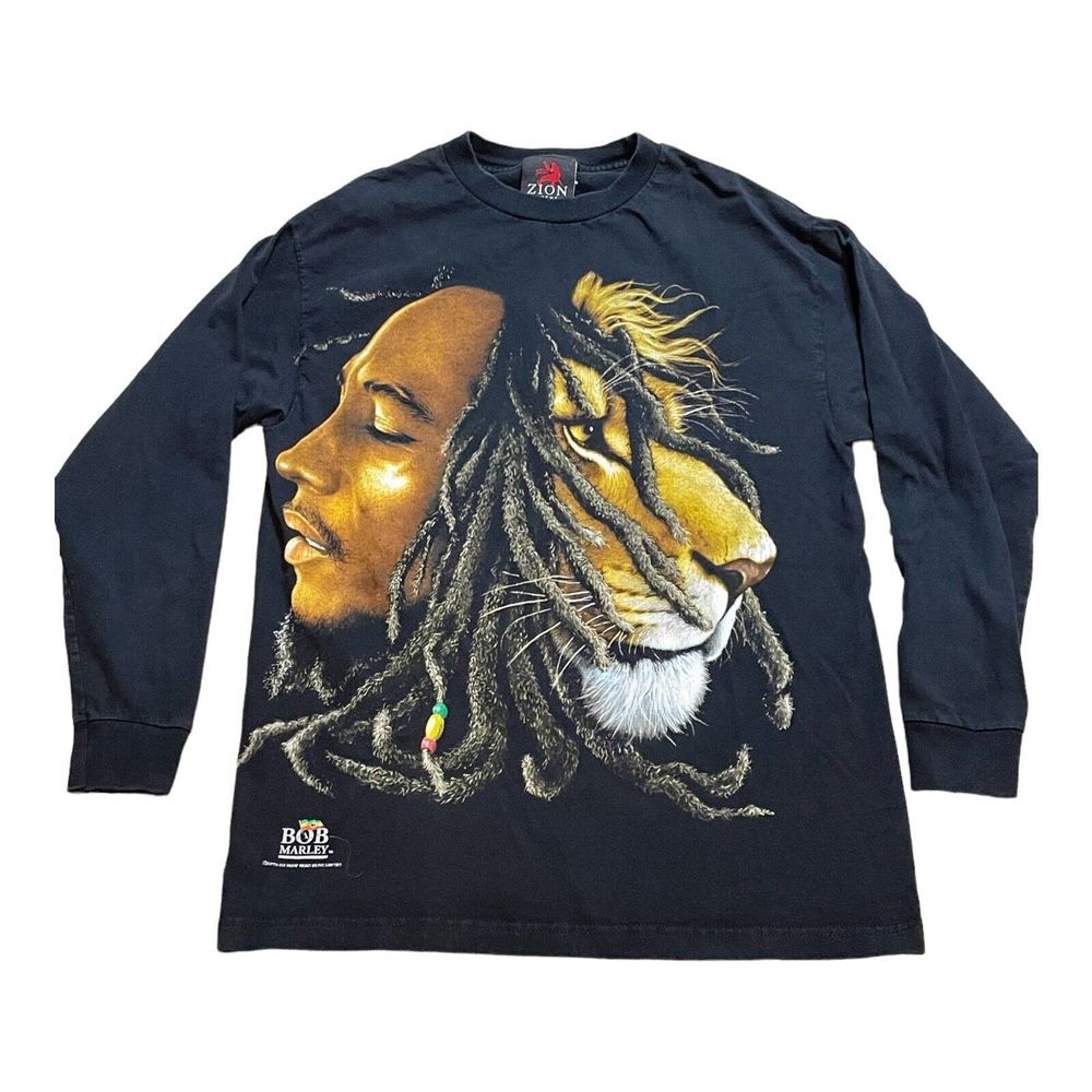 2010 Zion Bob Marley Lion‎ Head Long Sleeve T Shirt Mens Medium Black Vintage